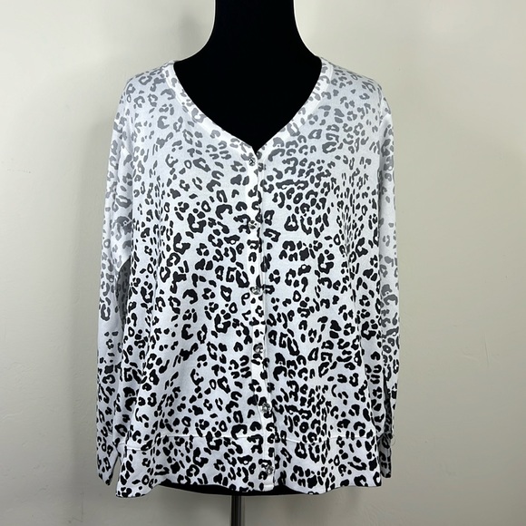 Cubism Sweaters - CUBISM White Leopard Print Cardigan L